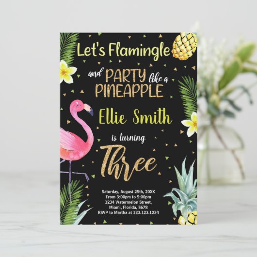 3e zwarte glitter flamingo ananas uitnodigingen (Staand voorkant)