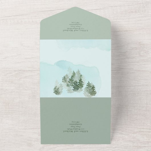 3in1 Bergbos Bomen Huwelijk RSVP All In One Uitnodiging (Buitenkant)