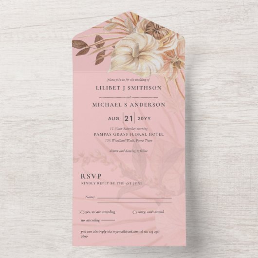 3in1 BOHO Pampas Grass Terracotta Wedding RSVP All In One Uitnodiging (Binnen)