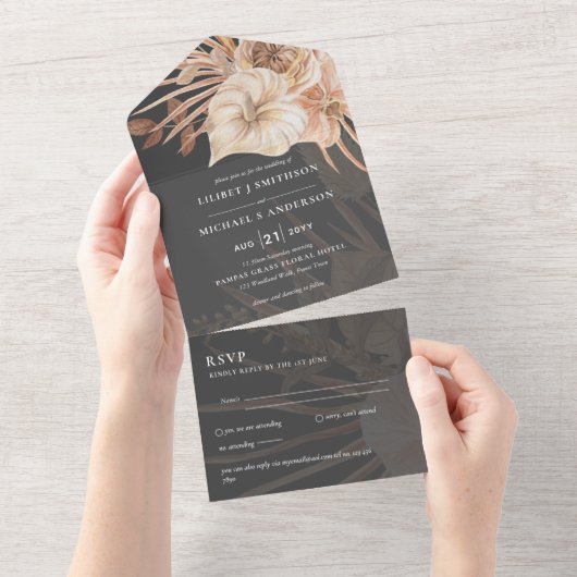 3in1 BOHO Pampas Grass Terracotta Wedding RSVP All In One Uitnodiging (Afscheurbaar)
