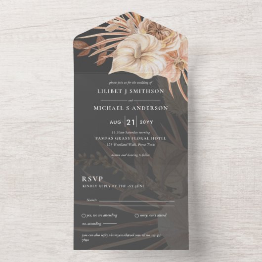 3in1 BOHO Pampas Grass Terracotta Wedding RSVP All In One Uitnodiging (Binnen)