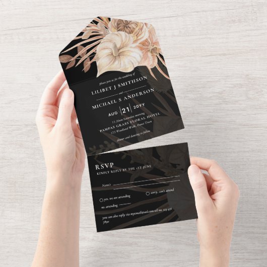 3in1 BOHO Pampas Grass Terracotta Wedding RSVP All In One Uitnodiging (Afscheurbaar)