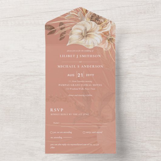 3in1 BOHO Pampas Grass Terracotta Wedding RSVP All In One Uitnodiging (Binnen)