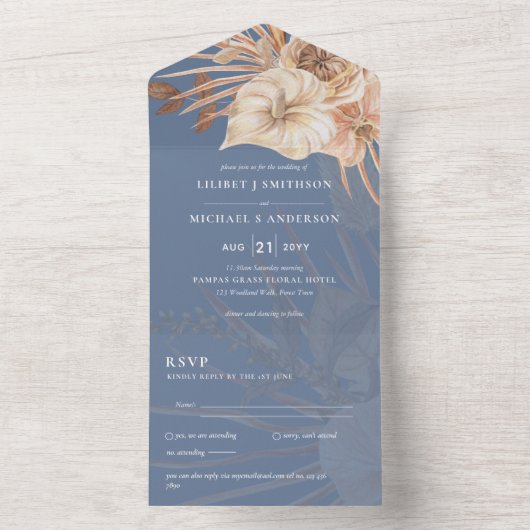 3in1 BOHO Pampas Grass Terracotta Wedding RSVP All In One Uitnodiging (Binnen)