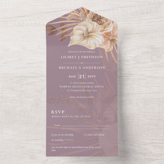 3in1 BOHO Pampas Grass Terracotta Wedding RSVP All In One Uitnodiging (Binnen)