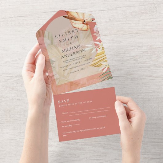 3in1 Boho Pampas Grass Wedding RSVP All In One Uitnodiging (Afscheurbaar)