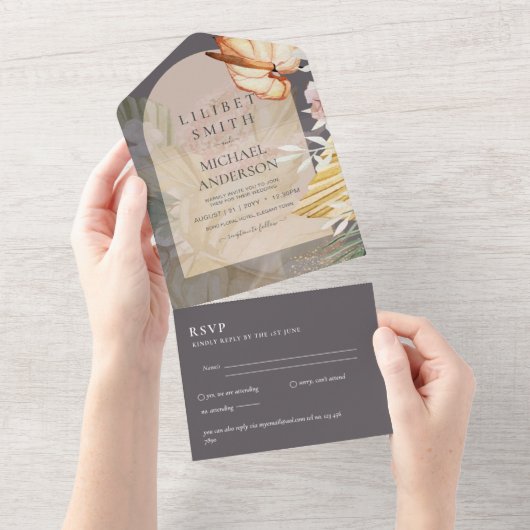 3in1 Boho Pampas Grass Wedding RSVP All In One Uitnodiging (Afscheurbaar)