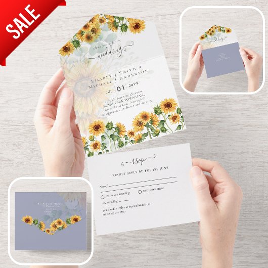 3in1 Dusty Blue SUNFLOWERS Floral Wedding All In One Uitnodiging