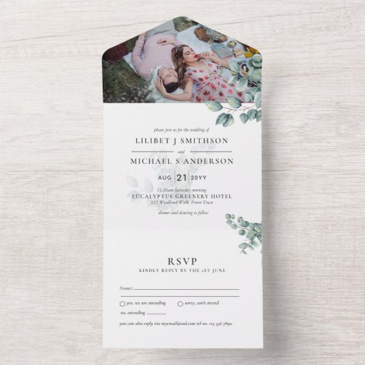 3in1 Eucalyptus Greenery PHOTO Wedding INVITE RSVP All In One Uitnodiging (Binnen)
