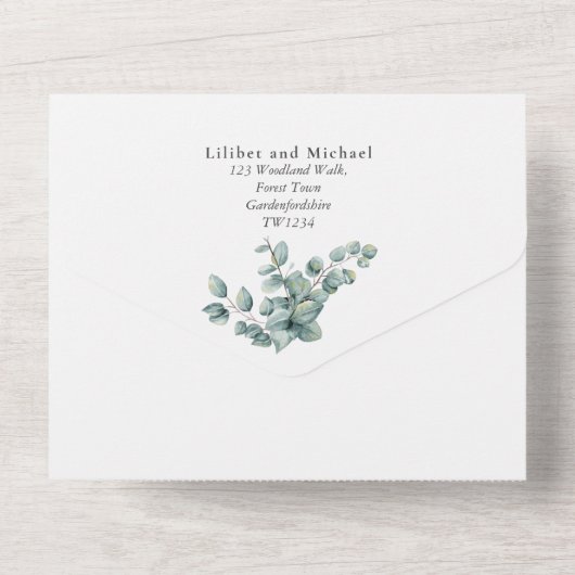 3in1 Eucalyptus Greenery PHOTO Wedding INVITE RSVP All In One Uitnodiging (Achterkant)