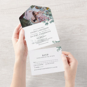 3in1 Eucalyptus Greenery PHOTO Wedding INVITE RSVP All In One Uitnodiging