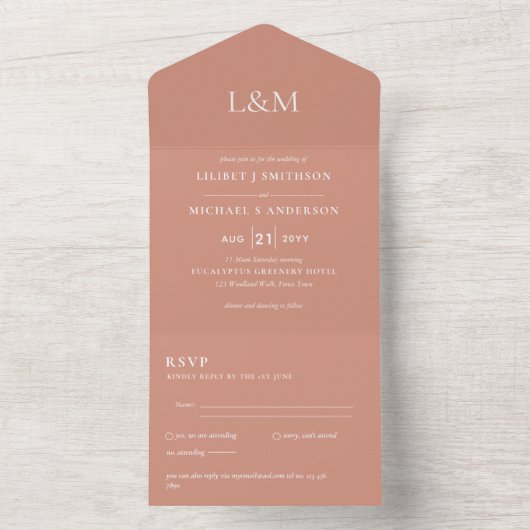 3in1 Gedemd Terracotta Clay Text Wedding Invite All In One Uitnodiging (Binnen)