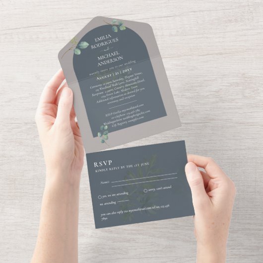 3in1 Greenery Eucalyptus Arch Wedding RSVP All In One Uitnodiging (Afscheurbaar)
