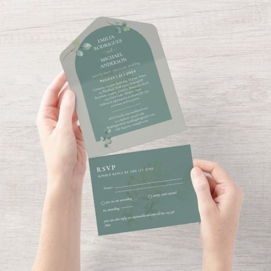 3in1 Greenery Eucalyptus Arch Wedding RSVP All In One Uitnodiging (Afscheurbaar)