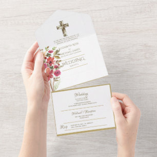 3in1 katholieke bruiloft nodigt Floral Gold RSVP u All In One Uitnodiging