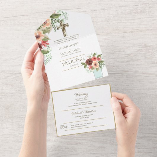 3in1 katholieke trouwuitnodigingen bloem goud RSVP All In One Uitnodiging (Afscheurbaar)