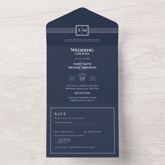 3in1 Navy Blue Monochrome RSVP-tekst Alleen huweli All In One Uitnodiging (Binnen)
