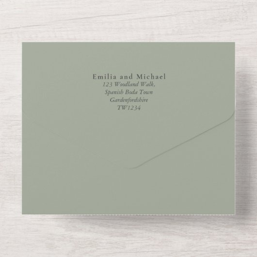 3in1 Olijfgroene Folk Art Bloem BILINGUAL TROUWEN All In One Uitnodiging (Achterkant)