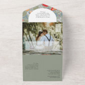 3in1 Olijfgroene Folk Art Bloem Foto Bloemen All In One Uitnodiging (Buitenkant)