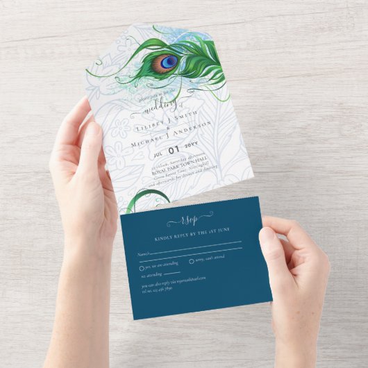 3in1 Peacock Feather Blue Green Wedding RSVP All In One Uitnodiging (Afscheurbaar)