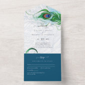 3in1 Peacock Feather Blue Green Wedding RSVP All In One Uitnodiging (Binnen)