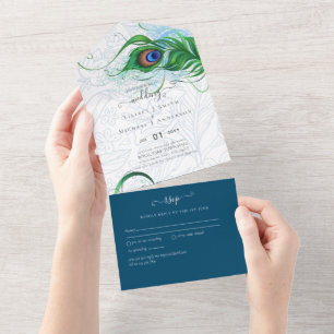 3in1 Peacock Feather Blue Green Wedding RSVP All In One Uitnodiging