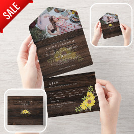 3in1 Rustic Sunflower Woodland Wedding RSVP All In One Uitnodiging