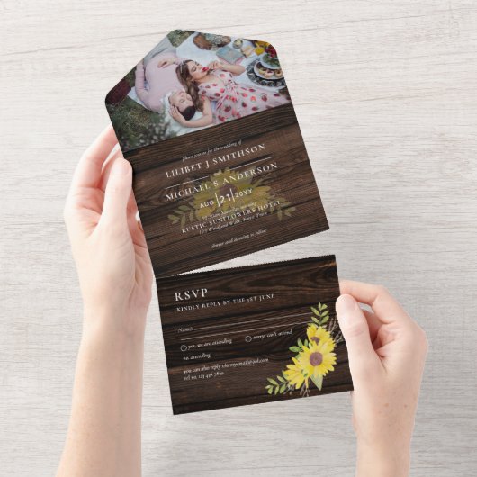 3in1 Rustic Sunflower Woodland Wedding RSVP All In One Uitnodiging (Afscheurbaar)