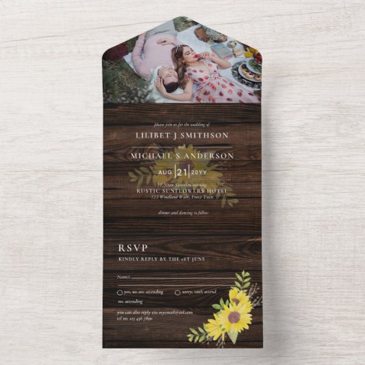 3in1 Rustic Sunflower Woodland Wedding RSVP All In One Uitnodiging (Binnen)