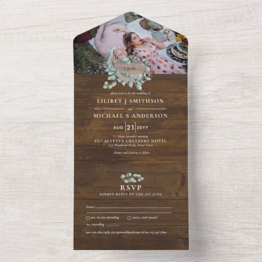 3in1 Rustic Wood Heart Monogram Weddenschap RSVP All In One Uitnodiging (Binnen)