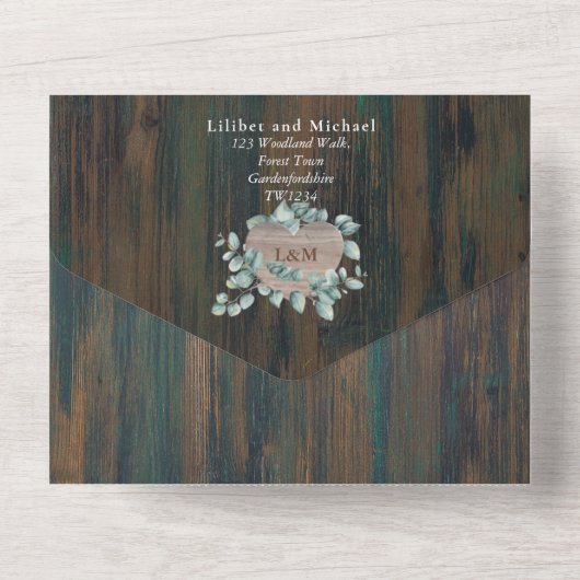 3in1 Rustic Wood Heart PHOTO Wedding RSVP All In One Uitnodiging (Achterkant)