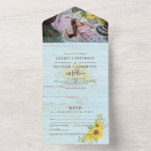 3in1 Rustige zonnebloemen Driftwood Aqua Wedding R All In One Uitnodiging (Binnen)