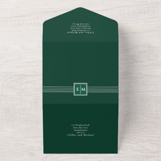 3in1 Smaragdgroene monochrome RSVP-tekst Trouwfees All In One Uitnodiging (Buitenkant)