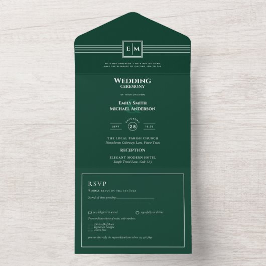 3in1 Smaragdgroene monochrome RSVP-tekst Trouwfees All In One Uitnodiging (Binnen)