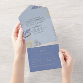 3in1 Stofblauw Goud Boho Veren Trouw RSVP All In One Uitnodiging (Afscheurbaar)