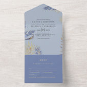 3in1 Stofblauw Goud Boho Veren Trouw RSVP All In One Uitnodiging (Binnen)