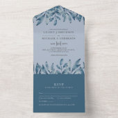 3in1 Stofblauw Navy Bladeren Trouw RSVP All In One Uitnodiging (Binnen)