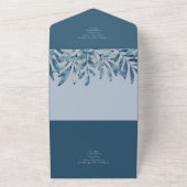 3in1 Stoffig Blauw Marine Bladeren Bruiloft RSVP All In One Uitnodiging (Buitenkant)