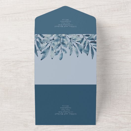 3in1 Stoffig Blauw Marine Bladeren Bruiloft RSVP All In One Uitnodiging (Buitenkant)