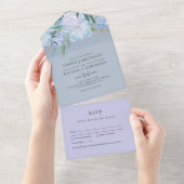 3in1 Stusty Blue Lavender Floral Wedding RSVP All In One Uitnodiging (Afscheurbaar)