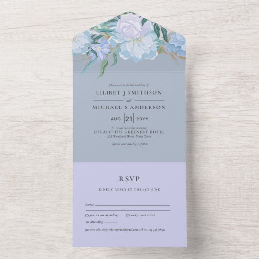 3in1 Stusty Blue Lavender Floral Wedding RSVP All In One Uitnodiging (Binnen)