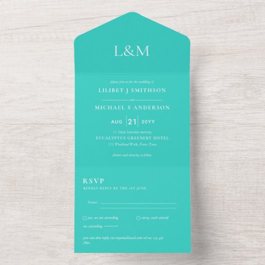 3in1 Turquoise Text Only Wedding nodigt RSVP uit All In One Uitnodiging (Binnen)