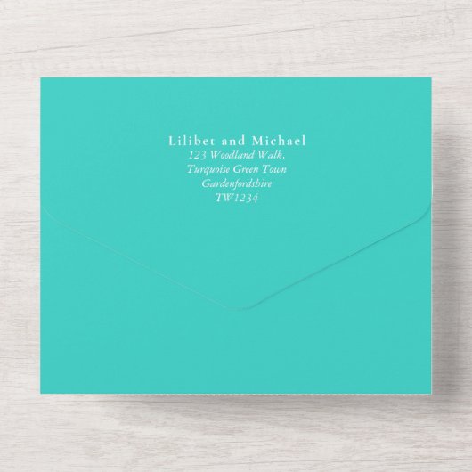 3in1 Turquoise Text Only Wedding nodigt RSVP uit All In One Uitnodiging (Achterkant)