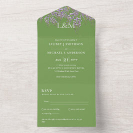3in1 Wisteria Floral Green Wedding Invite RSVP All In One Uitnodiging