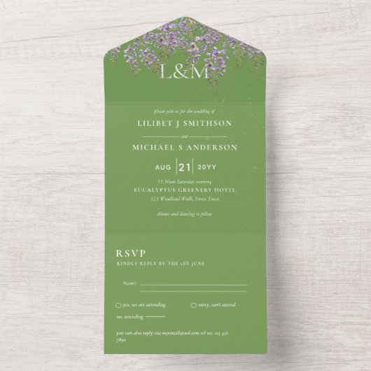 3in1 Wisteria Floral Green Wedding Invite RSVP All In One Uitnodiging (Binnen)