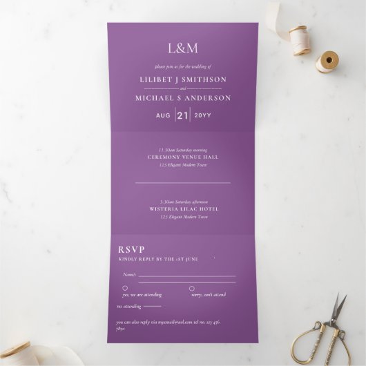 3in1 Wisteria Floral Violet Wedding Noite RSVP Drieluik Kaart (Binnen)