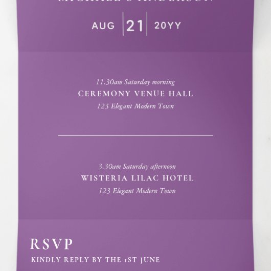 3in1 Wisteria Floral Violet Wedding Noite RSVP Drieluik Kaart (Binnenkant midden)