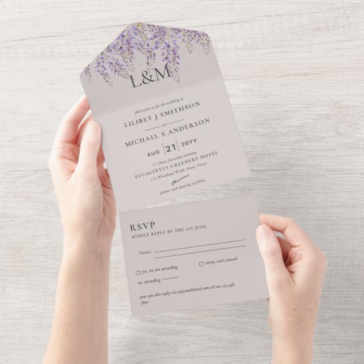 3in1 Wisteria Sand Floral Wedding Invite RSVP All In One Uitnodiging (Afscheurbaar)