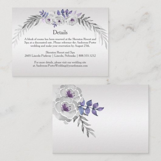 #3Paarse Silver Grey Bloemen Detail Behuizing Kaar Informatiekaartje (Voorkant / Achterkant)