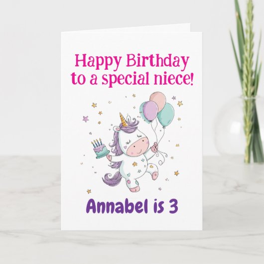 3rd, 4th, 5th, 6th Birthday Niece, Cute Unicorn  Kaart (Voorkant)